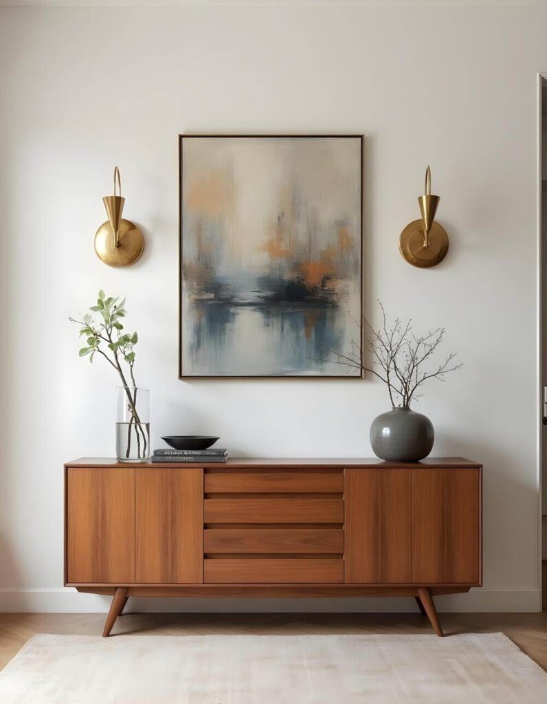 A modern-styled room features a wooden sideboard. A tall rectangular abstract painting hangs on the white wall above the sideboard. On either side of the painting are gold-colored sconces. On the left side of the sideboard are a few thin leafy branches in a short glass vase. Next to the vase is a stack of two books, which has a shallow black concave plate resting on top. On the right side of the sideboard is a spherical, gray, textured vase. A few barren, thin brown branches are in the vase. The sideboard has two doors and four short horizontally-aligned drawers in the center. The sideboard has four thin legs that slant slightly outward. The floor is mostly covered by the sideboard. The section of floor that is visible is light-colored wood. Against the bottom edge of the image, a white rug peeks out.