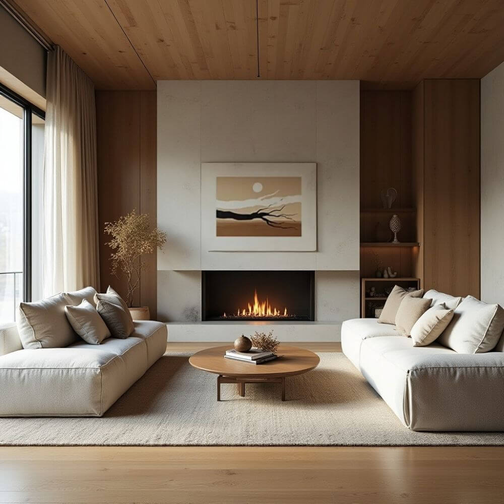 Experience the tranquility of wabi-sabi style in this living room. The design features a minimalist color palette, natural textures, and a cozy fireplace. Embrace imperfections and create a serene space with wabi sabi.