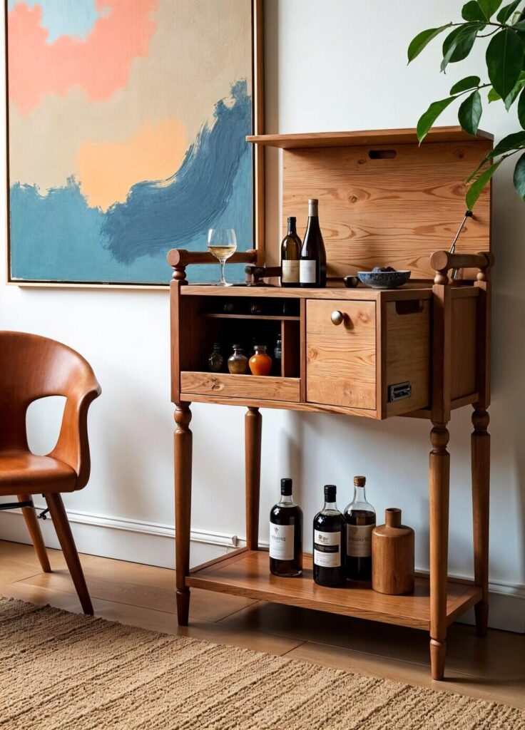 A wooden bar stands as a living room showpiece, against a backdrop of an abstract painting with hues of blue, orange, and pink. The bar displays assorted liquor bottles and glasses, showcasing its function as a stylish storage and serving unit. The scene is complemented by a contemporary chair and a houseplant, adding a touch of modern elegance to the room's decor.