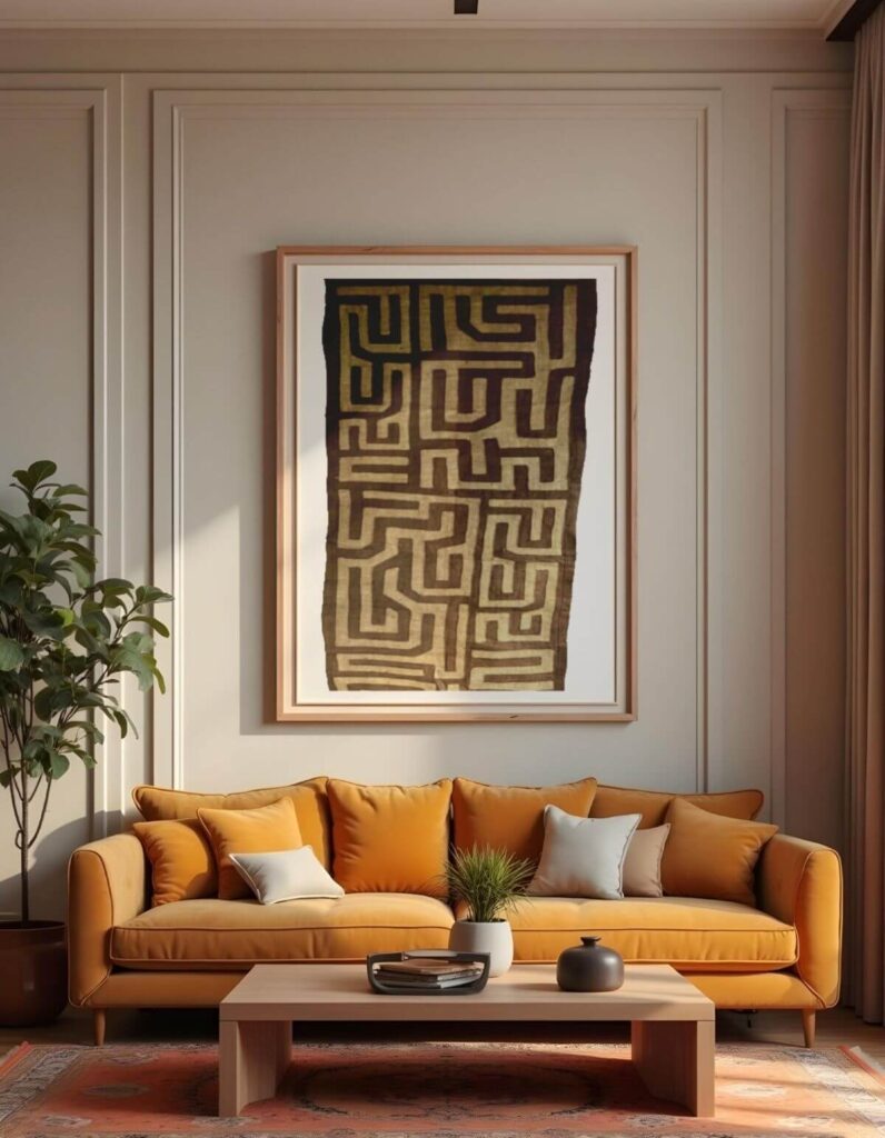 Living room with a yellow sofa, coffee table, and framed Kuba cloth hanging on the wall.