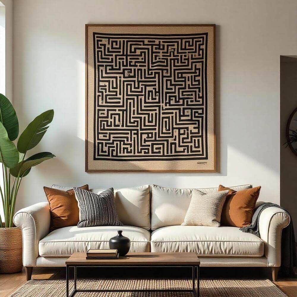 Living room interior with off-white sofa, patterned throw pillows, a coffee table with a black vase and books, and a wall hanging of a maze design framed above the couch. A large green plant sits to the left in a textured pot. The room is bathed in natural light, creating a warm and inviting atmosphere.
