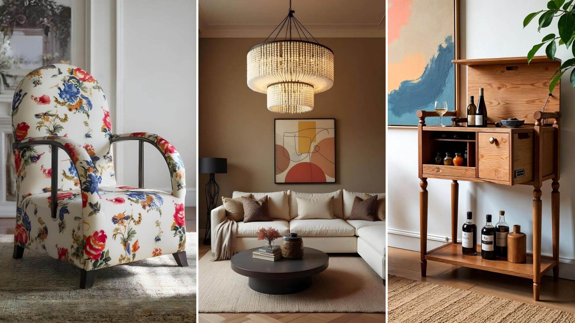 Living room showpiece featuring a trio of stylish interior design elements: a floral armchair, a chic living room setup, and a charming wooden bar cabinet.