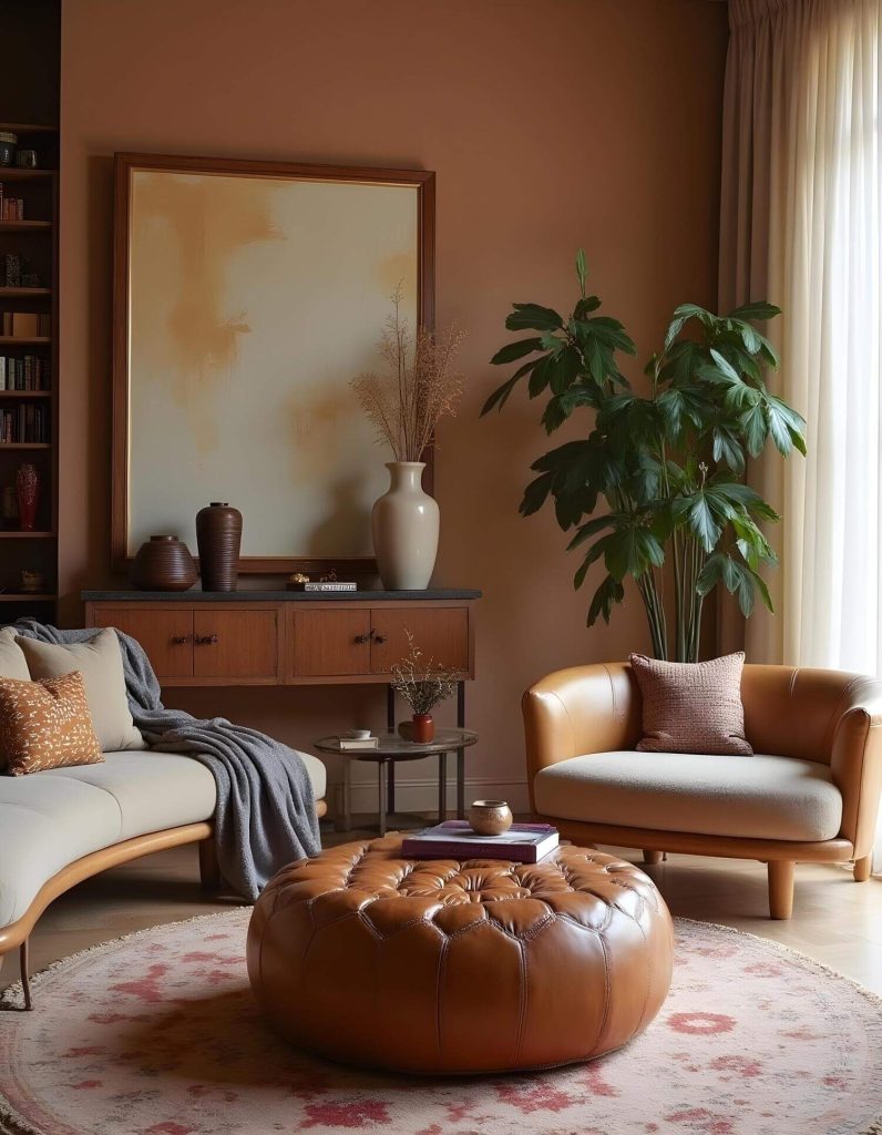 Interior of a living room with brown walls and a light-colored sofa with a throw blanket, a tan chair and a large, brown Moroccan pouf centered on a patterned rug. There is a wooden cabinet against the back wall with a large framed painting hanging above it. To the right of the shelves is a large green potted plant, and neutral-colored curtains hang near the window.