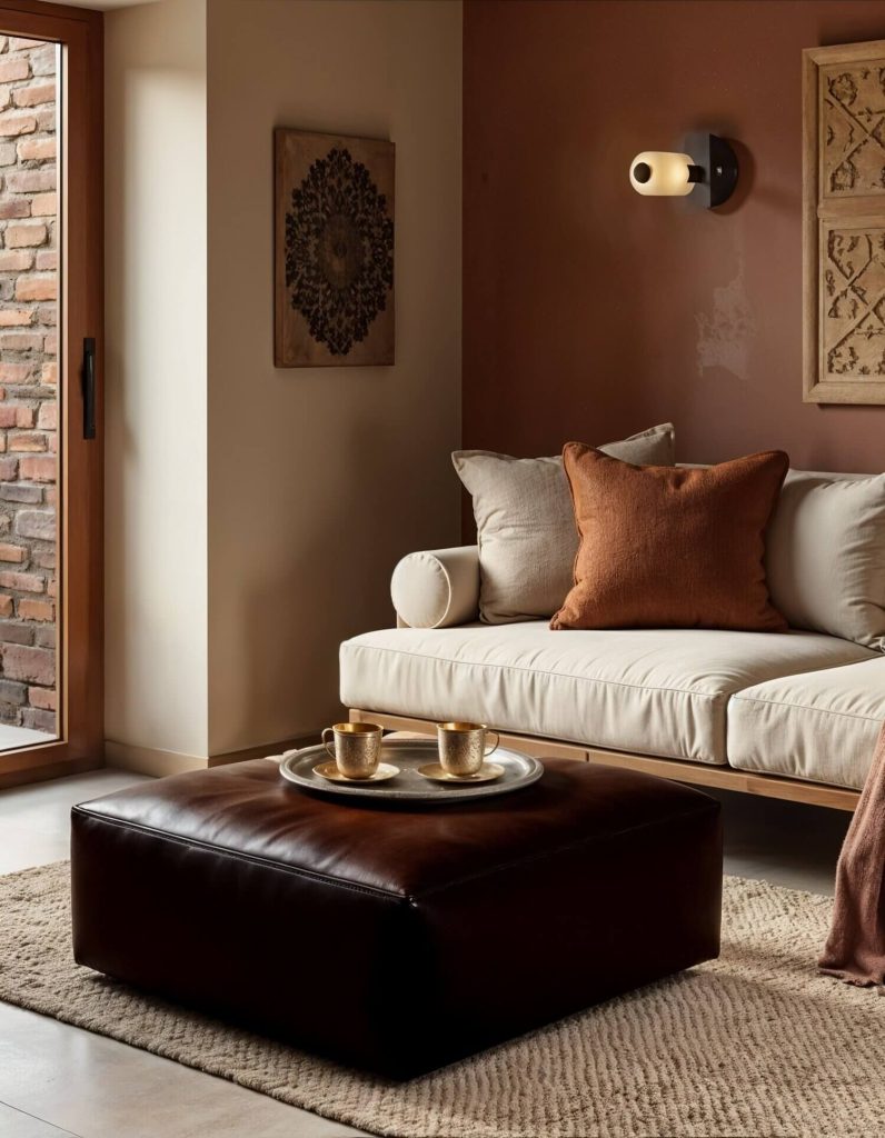 A stylish living room features a plush, dark brown leather ottoman serving as a coffee table, adorned with a silver tray holding two delicate gold teacups. The ottoman sits on a neutral, textured rug in front of a comfortable off-white sofa with an earth-toned throw pillow. The walls are painted in warm, earthy tones, complementing the room's cozy and inviting atmosphere, enhanced by art pieces and a modern wall sconce. Consider adding Moroccan poufs to enhance the room's ambiance.