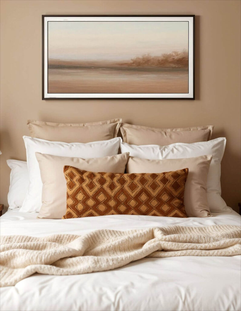 A serene bedroom showcases a bed adorned with a variety of pillows and a Kuba cloth accent pillow, beneath a framed landscape painting.