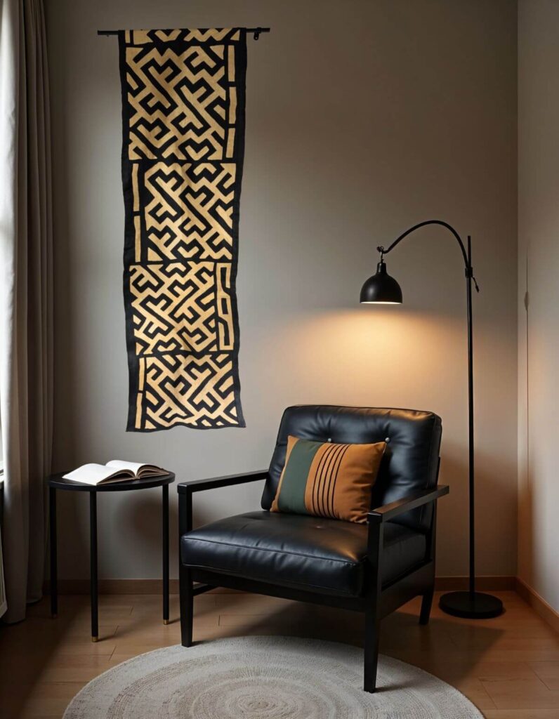 A cozy reading nook features a striking piece of Kuba cloth hanging vertically on the wall, complementing the modern aesthetic of the room.