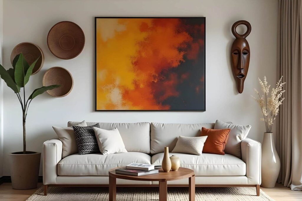 Living room area with modern decor with an abstract painting overhead. A beige-colored sofa is centered against the wall with throw pillows in varying patterns to be more decorative. Leaning on the far-left is a house plant in a neutral-colored pot with woven baskets in the wall. An African mask hangs on the right side of the painting with a vase of decorative grass. The rug blends in with the warm-colored wood of the floors completing the look of the modern decor.