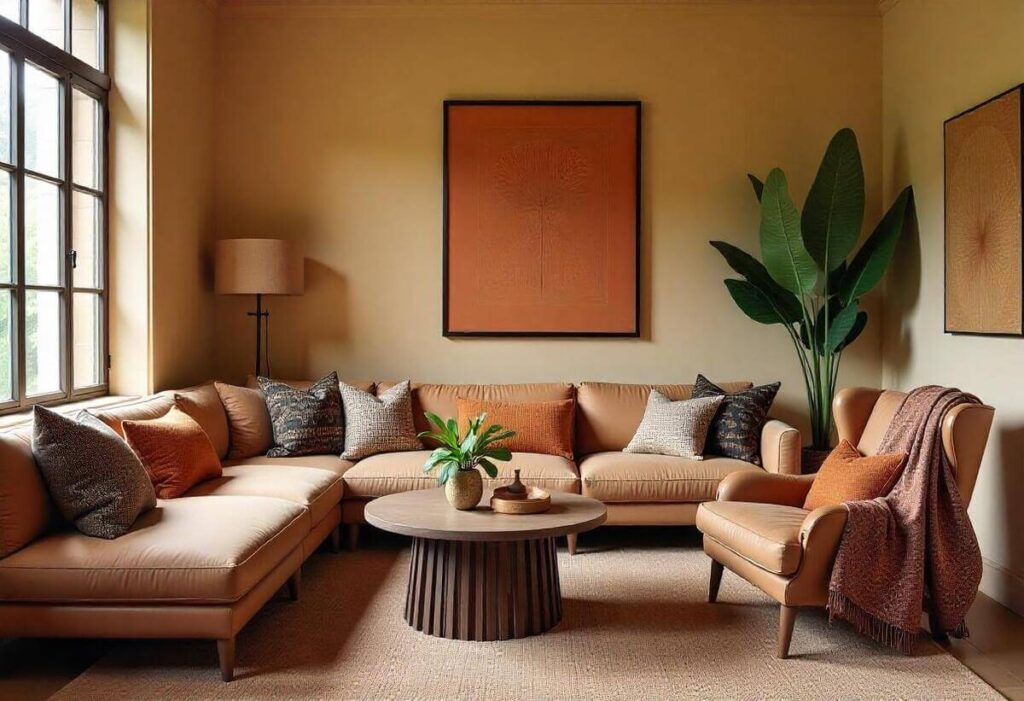 Living room with earth-tone color scheme. A tan, u-shaped couch topped with assorted throw pillows faces the viewer. A circular coffee table in front of the couch holds a potted plant. Behind the couch are two framed pictures hung on a tan wall, and to the right is a large plant. A tan armchair sits to the right of the couch with an orange throw pillow and knit blanket on it. A window is located to the left of the couch.