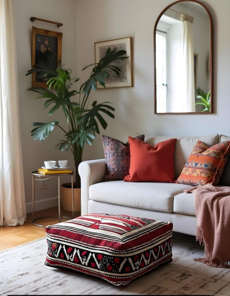 A living room setting showcases a vintage kilim pouf in the foreground, featuring a vibrant red, black, and white geometric pattern. Behind it, a cream-colored sofa is adorned with an array of colorful accent pillows and a soft pink throw blanket draped over the side. The pouf is placed on a light-colored rug that has a subtle geometric design. Adjacent to the sofa is a small, round side table with a gold finish, topped with a stack of books and two white teacups. A large potted plant rests beside the table, adding a touch of greenery to the room. On the walls, framed artwork and an arched mirror contribute to the room's eclectic style.