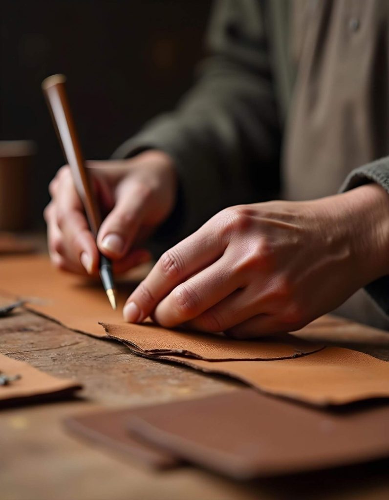 Close-up of hands using a stylus to trace a pattern on leather, essential for creating stylish Moroccan poufs.