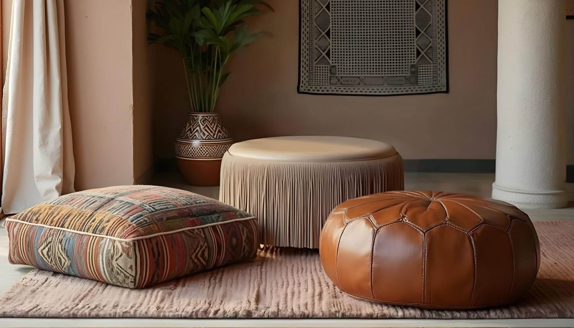 A cozy interior scene showcases three Moroccan poufs of varying styles and textures arranged on a plush rug. To the left, a square floor cushion with a colorful, patterned fabric leans casually. In the center stands a beige, cylindrical pouf with a fringed skirt. To the right, a classic, round leather Moroccan pouf in a warm brown hue adds a touch of elegance. The poufs are set against a backdrop that includes a decorative vase with a plant, a framed textile art piece, and creamy neutral walls, enhancing the warm and inviting atmosphere of the space.