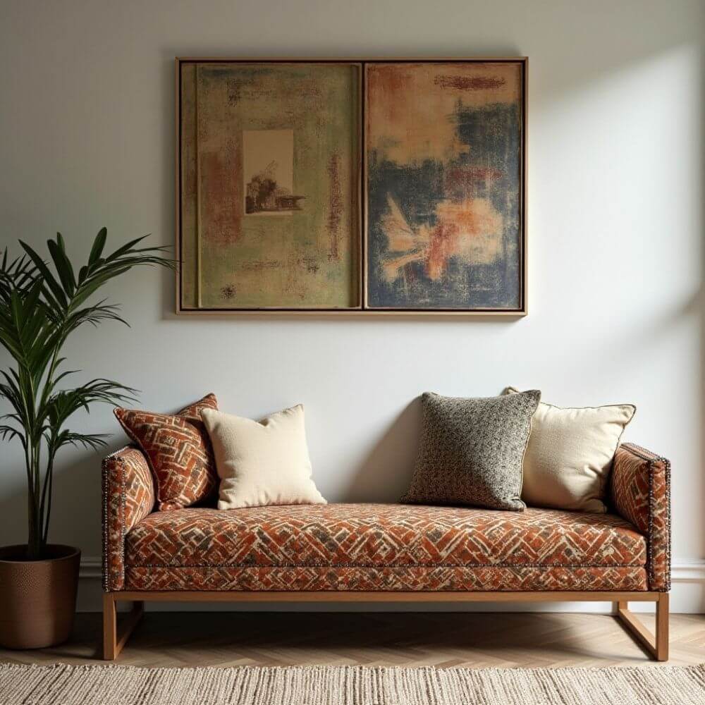 Living room with an orange patterned settee with throw pillows, artwork on the wall, and a houseplant. A settee upholstered in an orange and gray geometric pattern sits in front of a white wall. Several throw pillows are on the settee including one in a matching orange pattern, a beige pillow, and a textured gray pillow. Above the settee are two pieces of framed art, each with abstract color blocks. To the left of the settee is a large houseplant in a brown pot. Below the settee is a beige rug.