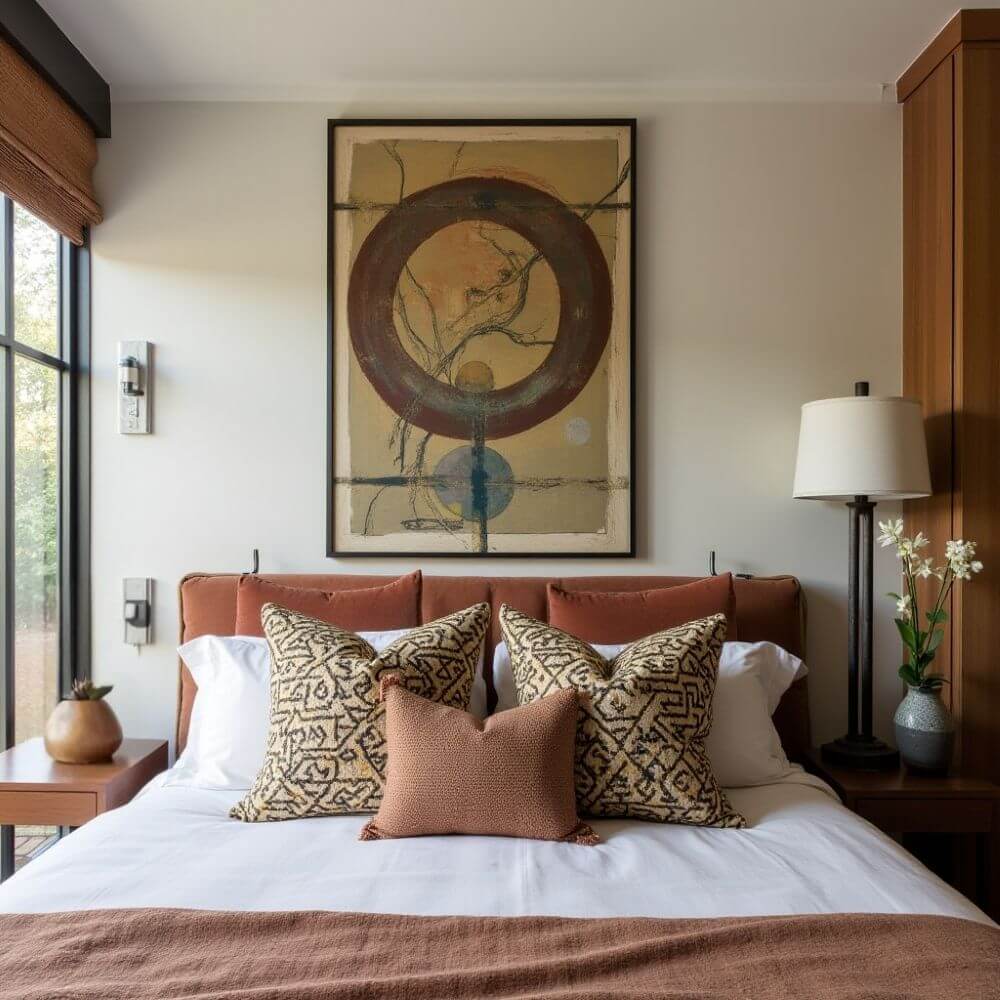 A bedroom features a large bed with an orange quilted headboard, crisp white sheets, and a rust-colored throw at the foot of the bed. Two large patterned square pillows rest against the headboard, flanking a smaller rust-colored square pillow in the center. Above the bed, a framed abstract painting with a large circular element dominates the wall space. To the left of the bed, a window with brown shades allows natural light to flood the room. Matching wooden nightstands are placed on either side of the bed, one adorned with a plant and the other with a lamp with a white shade. A tall wooden cabinet stands to the right of the bed, adding to the room's cohesive aesthetic.