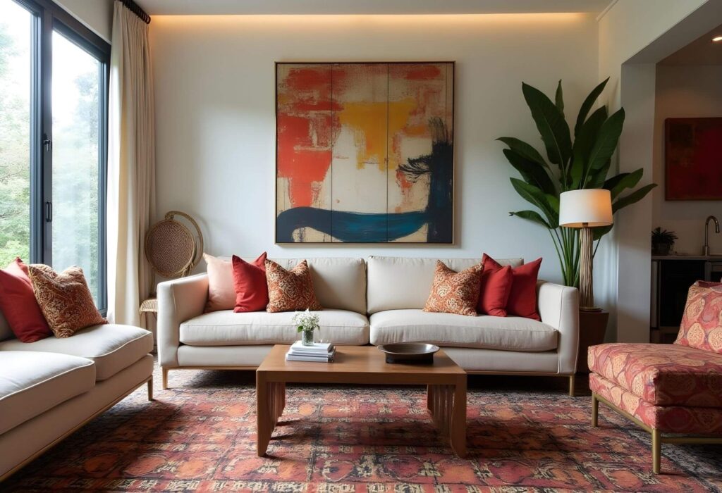 A well-lit living space features a harmonious blend of colors and textures. The focal point is a light beige sofa adorned with red and patterned cushions, set against a backdrop of a large abstract painting with vibrant strokes of red, yellow, and blue. A sizable houseplant stands to the side, complemented by a lamp with a white shade. In front of the sofa, a wooden coffee table holds a stack of books, delicate white flowers in a small vase, and a shallow metal bowl. The space is grounded by a patterned rug in shades of red and brown, adding warmth to the room. Natural light streams in from a large window, partially covered by a sheer white curtain. Additional seating is provided by a matching sofa and a patterned chair, enhancing the room's cozy and inviting atmosphere.
