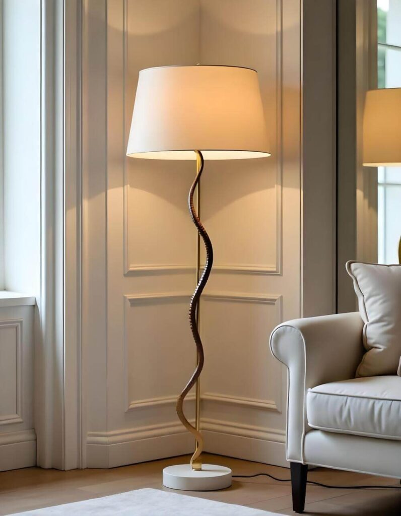 Floor lamp with a cream shade and serpentine-shaped stem, standing in a room with white wainscoting and a cream armchair.