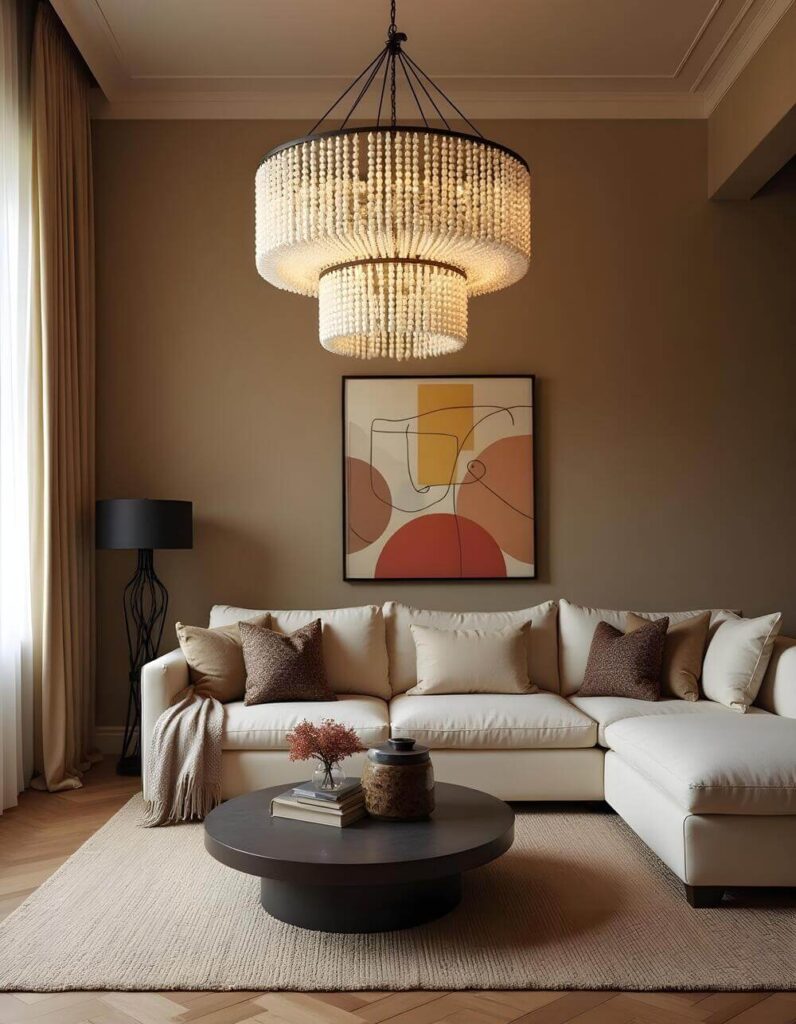 A beige living room features a white, L-shaped sectional sofa adorned with various pillows and a throw blanket, set against tan walls. Above the sofa hangs a framed, abstract art piece showcasing large circles and straight lines in yellow and red hues. Suspended from the ceiling is a tiered chandelier made of white beads. In front of the sofa, a round, dark gray coffee table holds a stack of books, a small vase with red flowers, and a decorative jar. A beige rug covers the floor beneath the coffee table and sofa. To the left, a black floor lamp with an ornate stand sits next to a window draped with beige curtains.