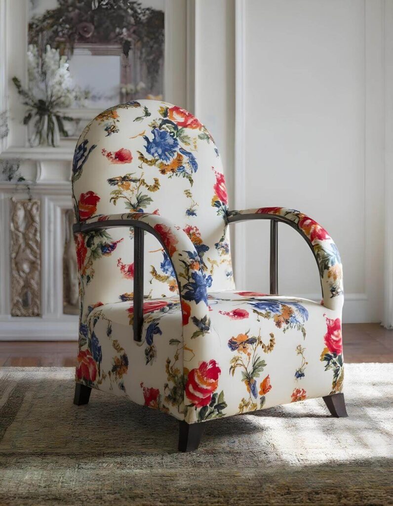 Living room showpiece: A floral armchair in the Yoruba style with a white background is set against a backdrop of a white living room displaying an ornate fireplace.
