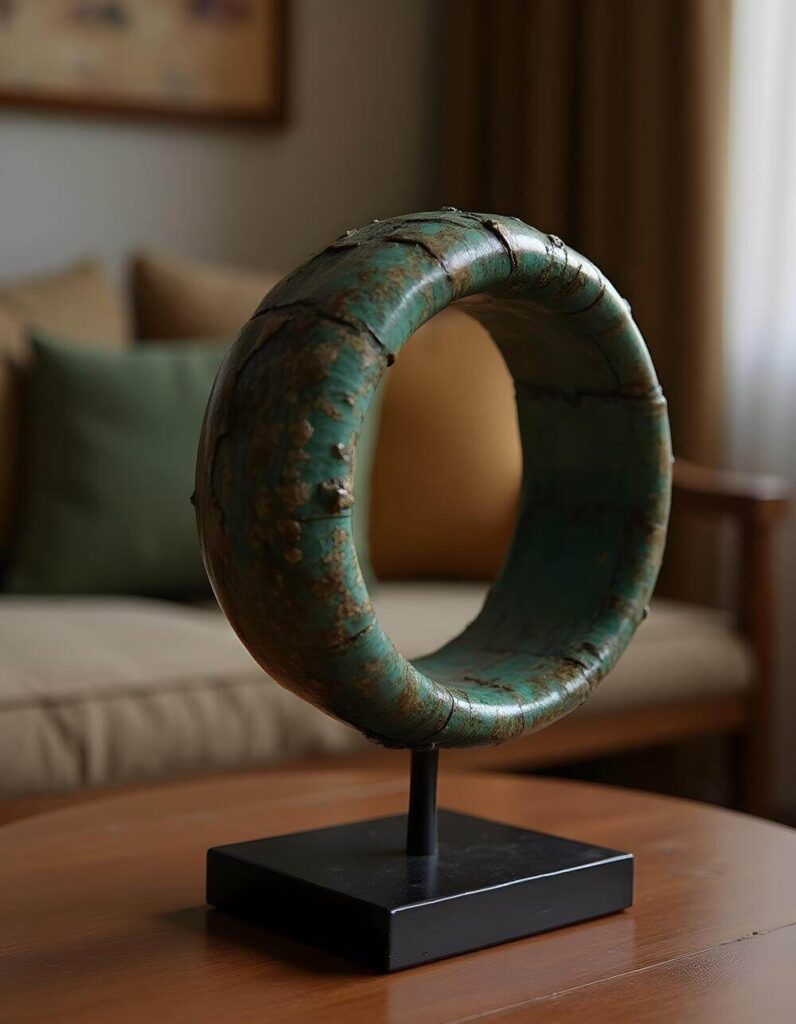 Close-up of a weathered, green, ring sculpture displayed on a wooden table as a living room showpiece. The artifact, possibly of African origin, has a rustic texture and is mounted on a black stand. A couch and window are blurred softly in the background.