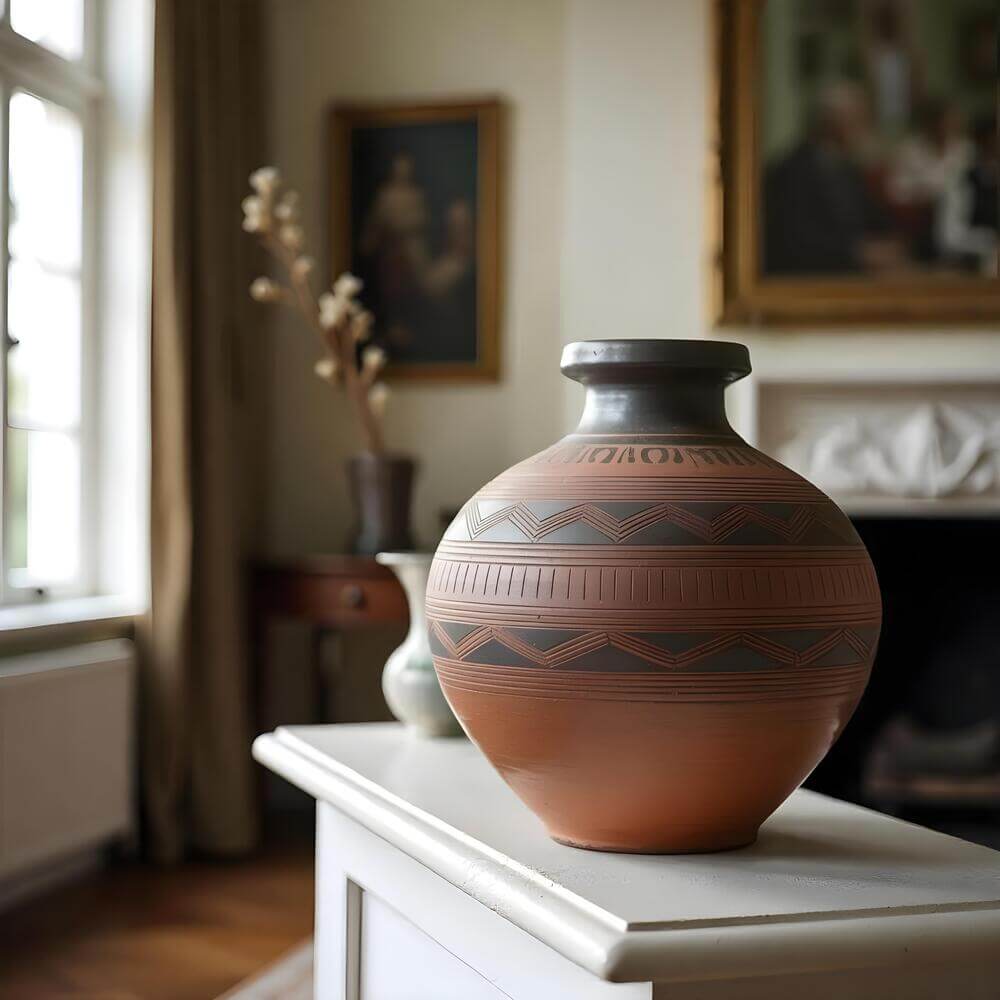 Earthenware African artifact as a living room showpiece. A stout vase of terra cotta color has horizontal dark-gray geometric designs around its midsection and a dark-gray lip. The vase is displayed on a white cabinet in a living room, with blurred paintings and furniture in the background.