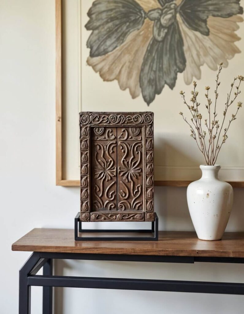 Close-up of a living room showpiece, an intricate African artifact carved from dark wood, displayed on a console table with botanical art and a white vase.