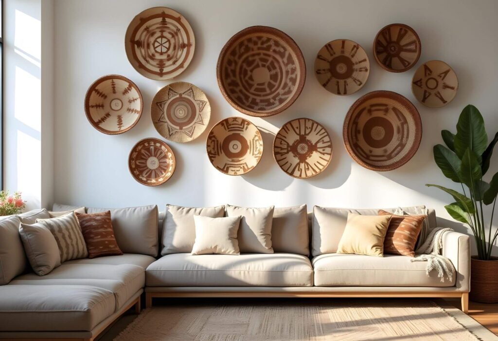 A bright living room features a sectional sofa with an off-white upholstery and wooden base. The sofa is adorned with an assortment of pillows in coordinating neutral tones and subtle geometric patterns. Above the sofa, a collection of nine woven baskets of various sizes and designs are hung on the white wall, creating a visually appealing focal point. Sunlight streams into the room, casting shadows and highlighting the texture of a woven rug and a potted plant with large, green leaves on the right side of the frame.