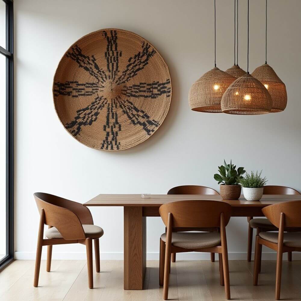 A softly lit dining room features a solid wood table surrounded by four wooden chairs with tan cushions and curved backs. Illuminated from above are four woven pendant lights hanging from the ceiling. On the textured white wall hangs a circular, woven basket with a central black decorative pattern. Two small plants sit on the table. A large window is to the left.