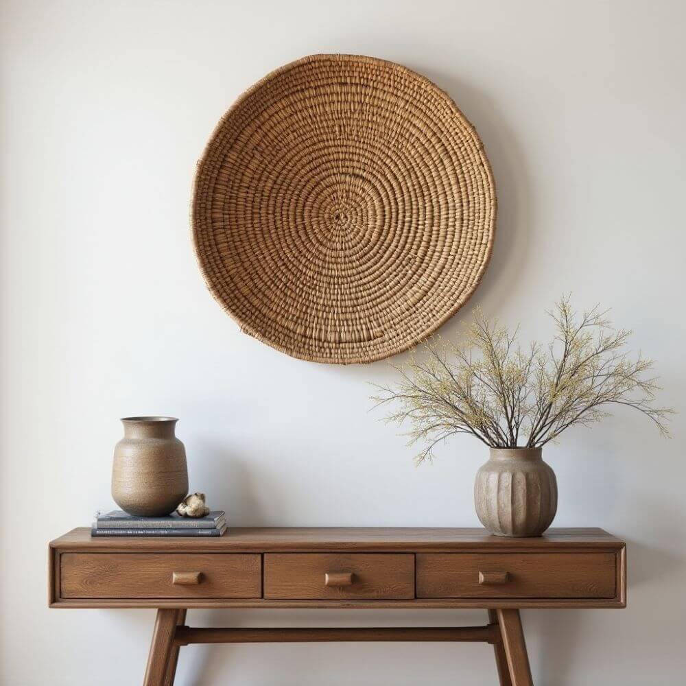 A natural, minimalist interior, featuring a wooden console table against a pale wall. Above the table hangs a large, round, woven basket, serving as a decorative wall piece. The console table, with three drawers and elongated wooden pulls, displays a curated assortment of objects: a small, speckled rock, a vase filled with delicate branches, and a stack of soft-covered books topped with a small vessel. Two different vases are placed on the table, one round with a ridged texture and one short and wide, with a narrow neck. The scene evokes a sense of calm and considered design, highlighting natural textures and muted tones.