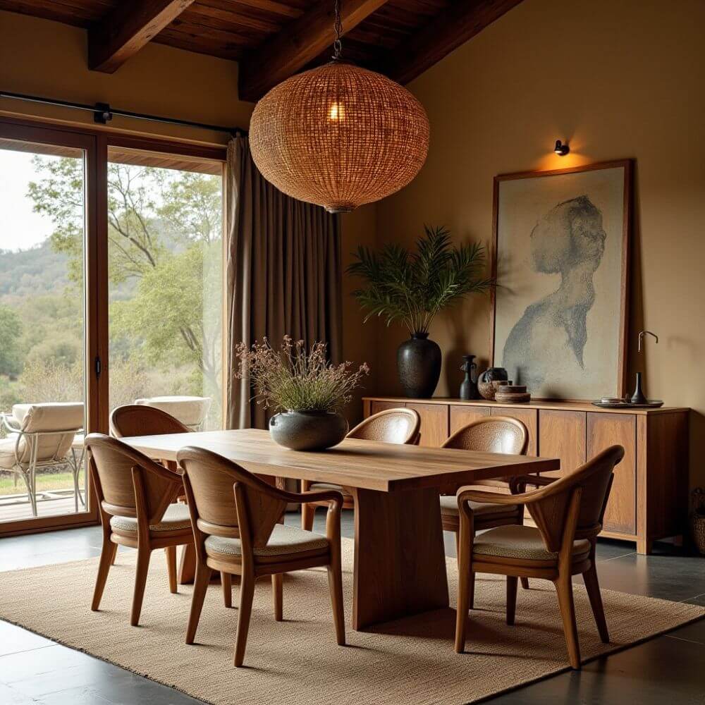 Explore African interior design ideas with this warm dining room featuring a wooden table, chairs, and a woven pendant light. A large window offers a view of the outside.