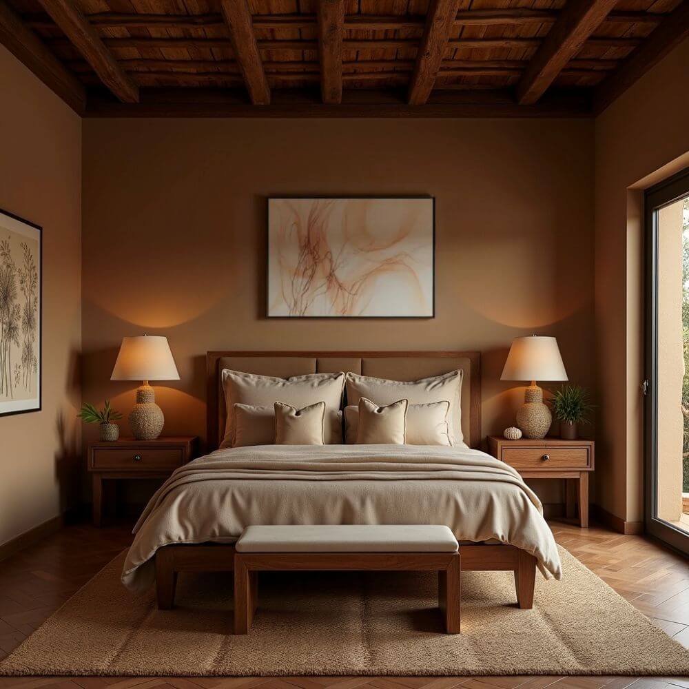 Bedroom showcasing African interior design ideas: A warm, inviting bedroom features earthy tones with a wooden-beamed ceiling above a large bed flanked by matching nightstands and lamps. Artwork adorns the ochre-colored walls, complementing the room's rich, natural palette.