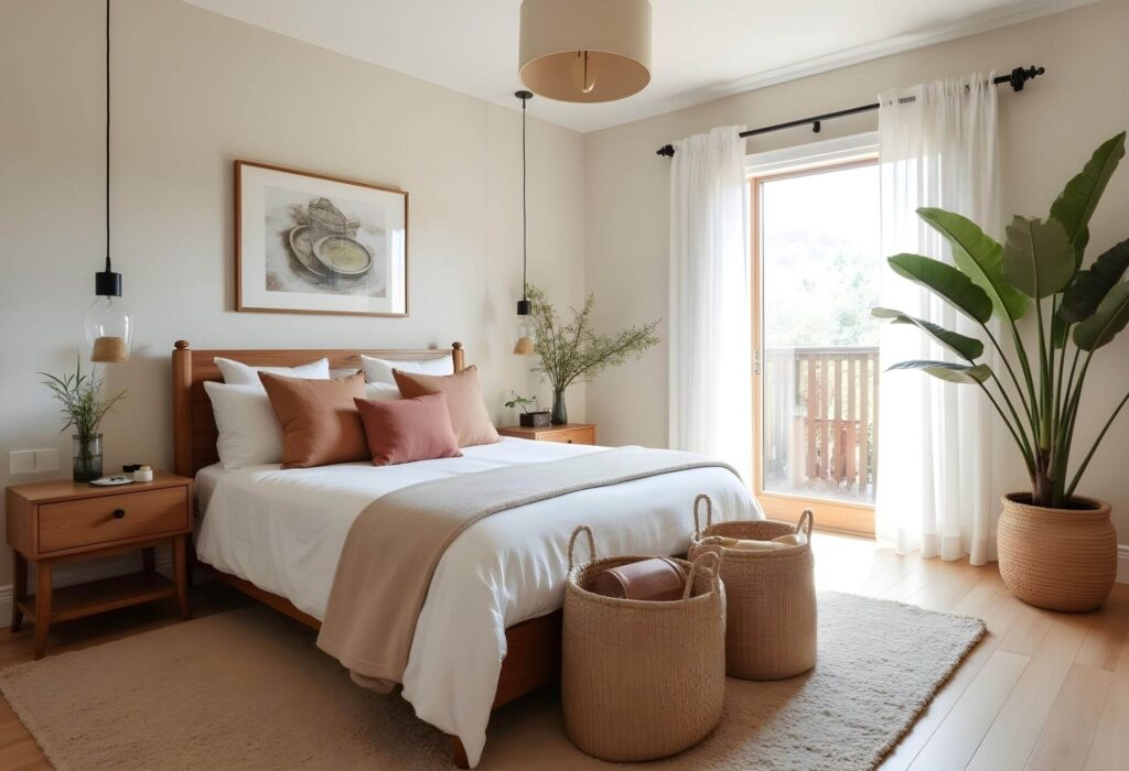 The image shows a well-lit bedroom with a neutral, earthy color palette. The bed is centered in the frame, featuring a wooden frame with a white comforter, two terracotta-colored square pillows, and two lighter brown square pillows. A beige throw is draped across the end of the bed. To the left of the bed is a wooden nightstand with a single drawer and an open shelf beneath. On top of the nightstand, there is a clear glass vase with some green sprigs. Above the nightstand, a pendant light hangs, consisting of a clear glass bulb with a black fixture and a small amount of material inside the bulb. On the wall above the bed hangs a framed picture with a warm-toned wooden frame. To the right of the bed is another nightstand, also in wood, with a similar green sprig arrangement in a vase. A large open window with sheer white curtains allows sunlight to stream into the room. Next to the window, a large potted plant with wide green leaves adds a touch of nature to the space. In front of the bed, there are two woven baskets of varying sizes, partly obscuring a beige rug that covers the wooden floorboards. Above the bed, a round beige lampshade hangs from the ceiling, providing additional light. The walls and ceiling are painted in a soft off-white color, contributing to the room's bright and airy feel. Beyond the window, a glimpse of a wooden patio and greenery can be seen, hinting at an outdoor space.