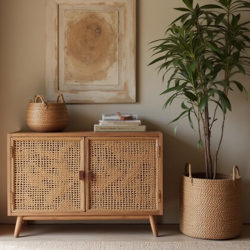 A medium shot features a natural-toned interior design arrangement, showcasing a wooden cabinet with woven doors, a potted plant, and decorative items. The image is well-lit, highlighting the textures and colors of the various objects. The focal point is a light wood cabinet, featuring two doors with a delicate woven design. The cabinet stands on angled legs, adding a touch of mid-century modern style. Small, rectangular wood pieces serve as the cabinet’s handles on the door. On top of the cabinet, a stack of books is placed next to a round woven basket with small handles. The wall above the cabinet is adorned with a wooden-framed abstract piece, its neutral tones complementing the rest of the objects. To the right of the cabinet, a tall potted plant adds a touch of greenery to the arrangement. The plant is potted in a large woven basket that matches the other basket on top of the cabinet. The backdrop is a neutral wall, providing a soft contrast to the natural wood tones of the furniture and decorative items. The flooring is a light-colored carpet.