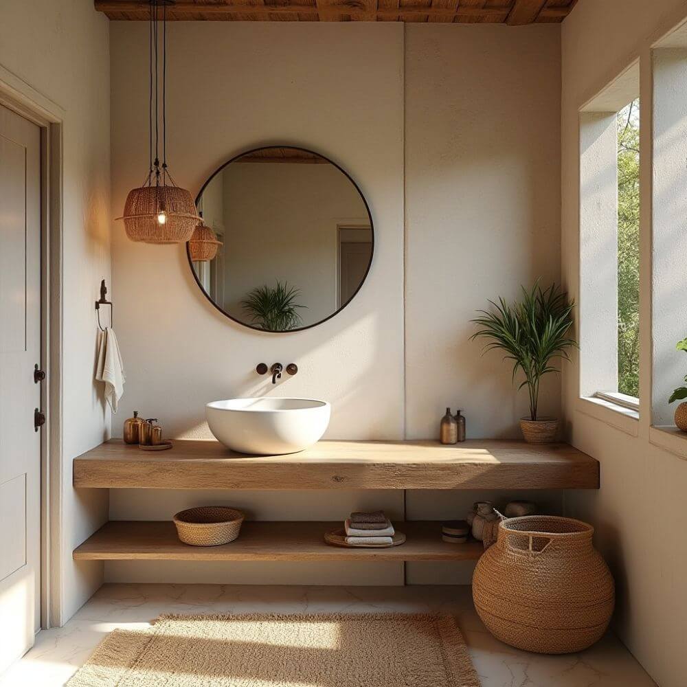 A bathroom space features a blend of natural elements and modern design. To the left, a white door with dark hardware complements the light walls. A wooden countertop runs across the wall, supporting a round, white ceramic sink beneath a circular mirror with a thin, black frame. A trio of dark, minimalist faucets adds a touch of modernity, contrasting with the woven pendant lights hanging above. The wooden countertop, which appear to be solid timber planks, also serves as shelving, displaying small woven baskets, neatly stacked towels, and decorative glass bottles. A cream-colored hand towel hangs from a metal hook near the door. To the right, a window frames a vivid green view of trees. A potted plant stands near the window, adding to the room's natural ambiance. On the floor, a woven rug lies beneath the vanity, and a large, woven basket sits to the side. The ceiling, with exposed wooden beams, lends a rustic touch to the space.