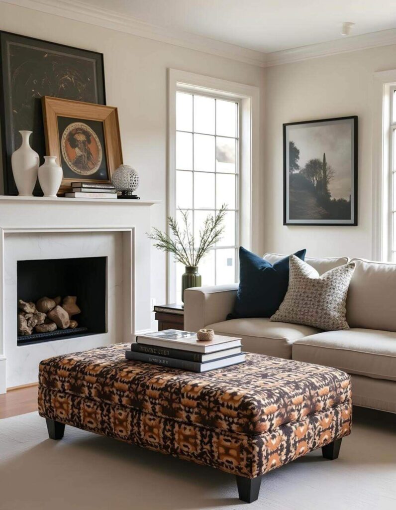 Living room featuring unique home accents: a patterned ottoman with books, a gas fireplace with decorative items on the mantel and modern wall art. The arrangement is complemented by a neutral sofa with pillows, set against a backdrop of natural light streaming through a window.
