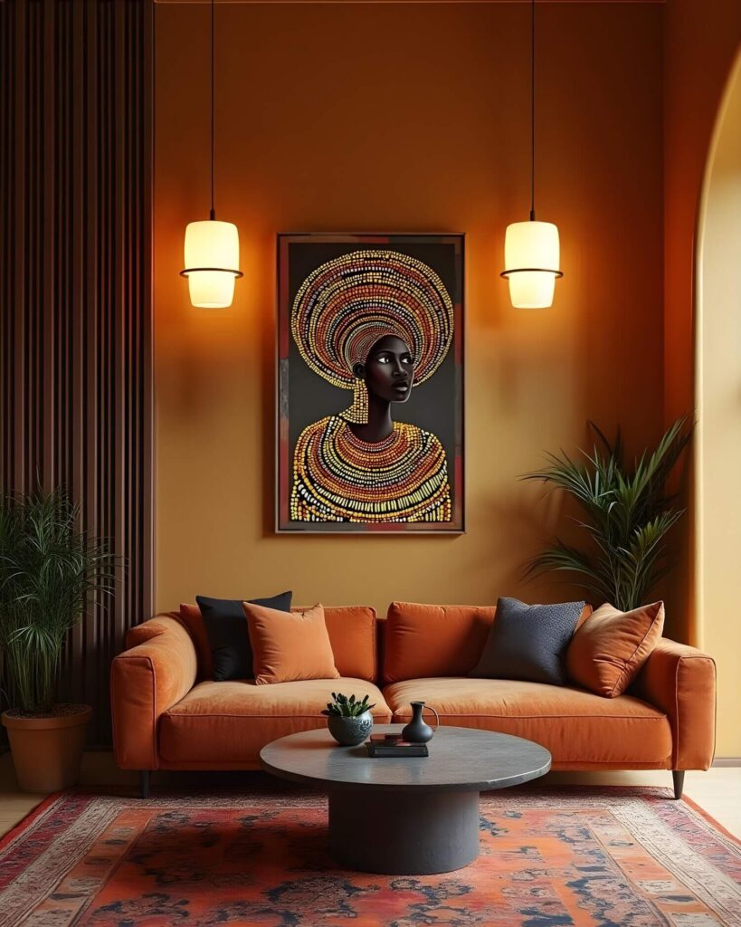 Interior design showcasing unique home accents. A warm, stylish living room featuring an orange sofa with accent pillows, a round coffee table, and walls painted in earthy tones. An African-inspired art piece hangs on the wall, complemented by modern pendant lights. Potted plants add a touch of nature to the space.