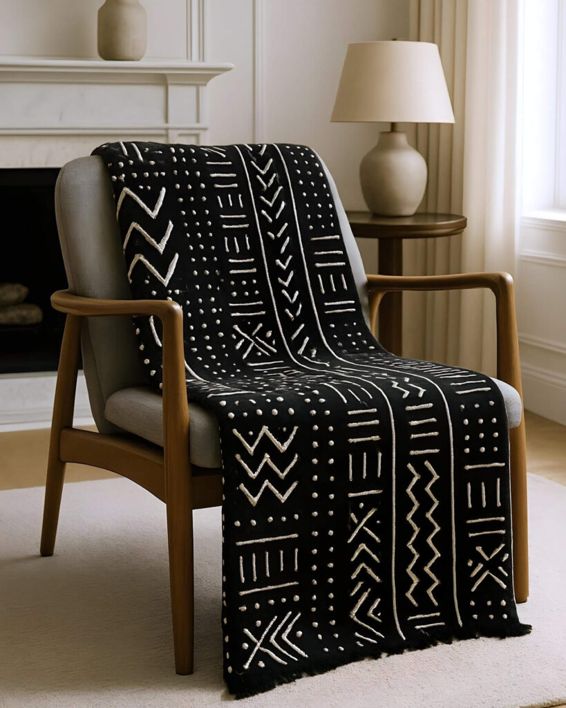 A gray mid-century modern chair with wood frame has been draped with a black and white patterned textile throw blanket. The blanket has rows of white geometric designs with dots. Behind the chair is a fireplace mantel with decorative vase, a round table holding a lamp with a cream-colored shade. A large window is visible. The chair sits on a light colored carpet.