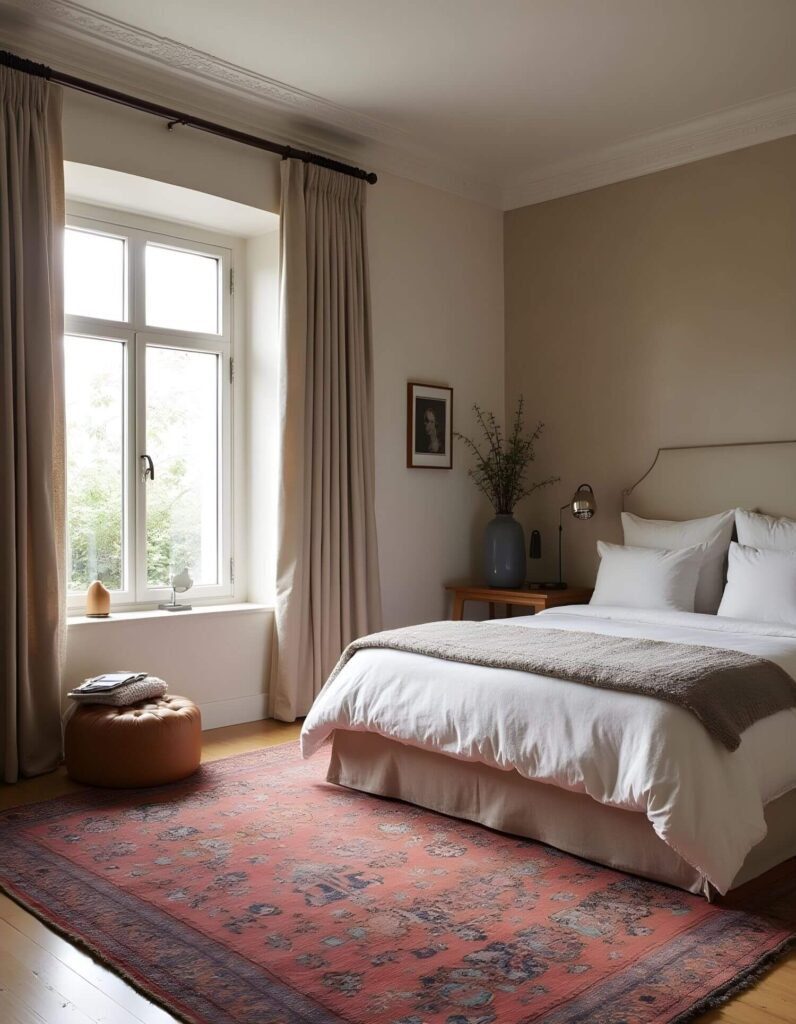 A bright bedroom is styled with neutral walls and draperies. A large window lets in daylight to illuminate the red Persian-style rug and leather ottoman. All-white bedding gives the room a fresh, clean feeling.