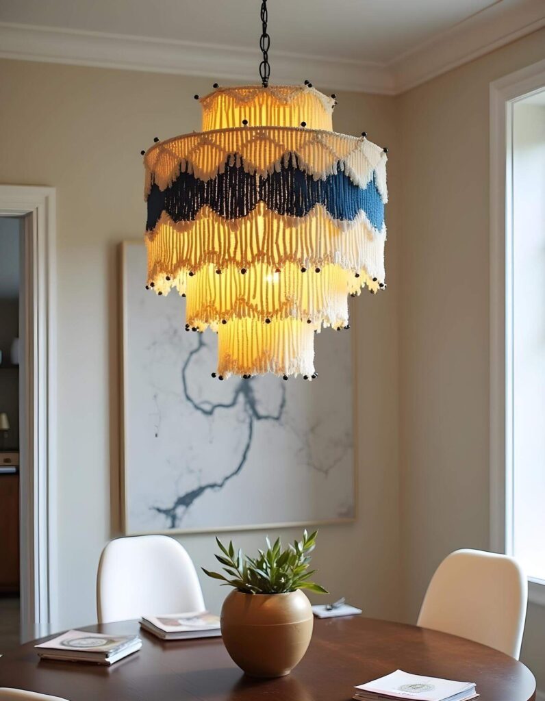 A three-tiered chandelier with a white and dark blue macrame design hangs above a round wooden table. This unique home accent emits a warm glow, casting a soft light on the dining area, which includes white chairs, books and a potted plant.