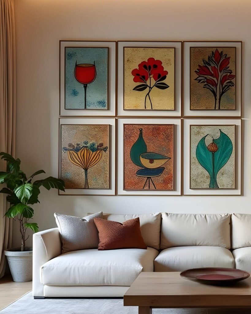 A living room wall features a collection of six framed art pieces arranged in a grid, showcasing a range of abstract floral and still life motifs; a plush, off-white sofa with textured accent pillows sits below; a sleek wooden coffee table with a shallow, red decorative bowl sits in front of the couch; and a potted plant is to the side of the sofa, helping to illustrate unique home accents.