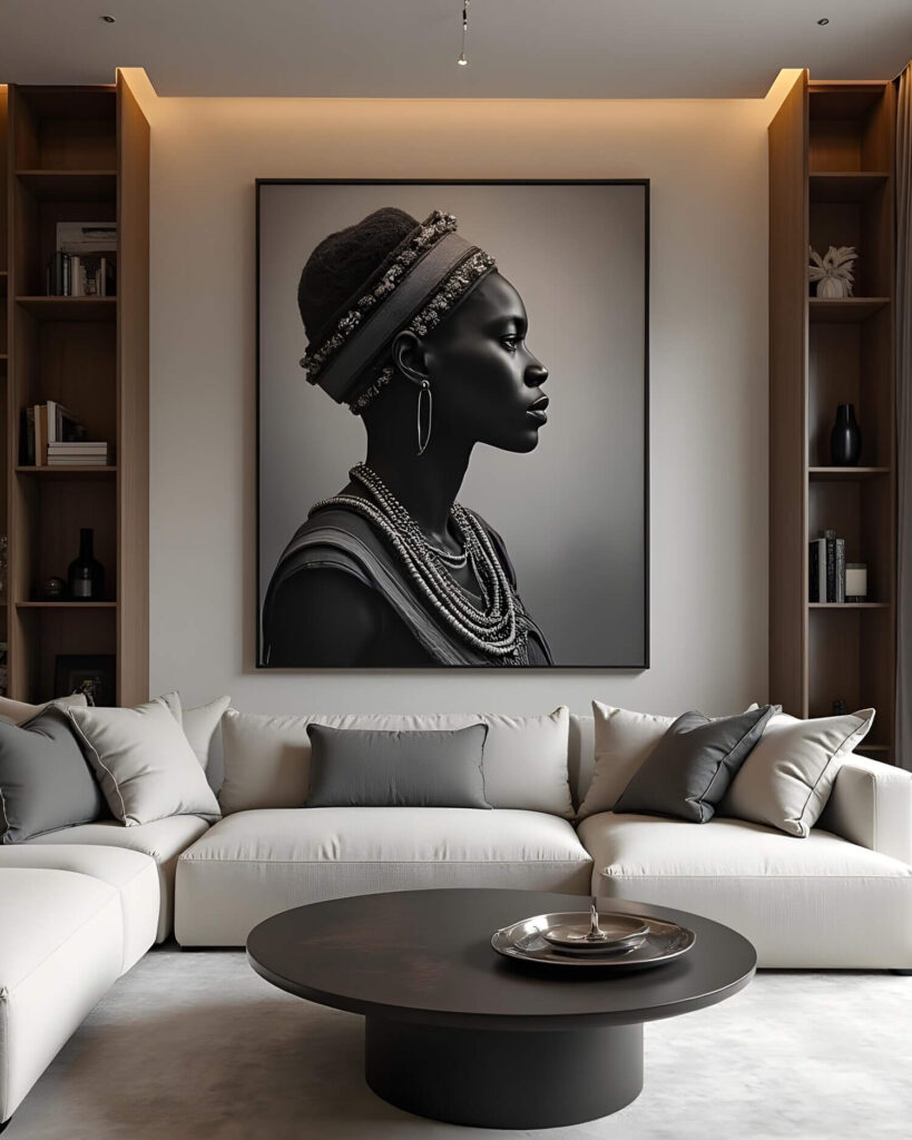 A modern living room featuring a large black and white portrait of a woman with traditional jewelry prominently displayed above a white sectional sofa. Built-in wooden bookshelves flank the portrait. A round black coffee table with metallic decor sits in the center.