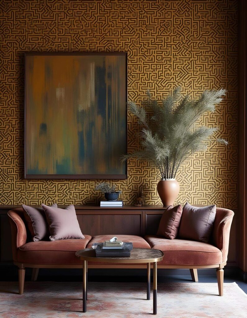 A staged living room features a textured, maze-patterned ochre wallpaper, complemented by a framed abstract painting. Below the painting, a wooden console table holds decorative objects including a vase with organic arrangements and stacked books. A plush, two-seater settee with mauve square pillows sits in front of the console. A small, round coffee table in front of the settee holds decorative objects. The scene incorporates unique home accents.