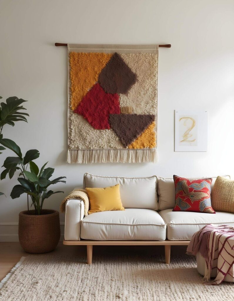 Living room displaying a cream-colored sofa is styled with throw pillows of yellow, red patterned, and woven textures. A warm-toned woven geometric tapestry hangs above the sofa, next to framed artwork. A large potted plant sits to the left of the sofa on a textured area rug.