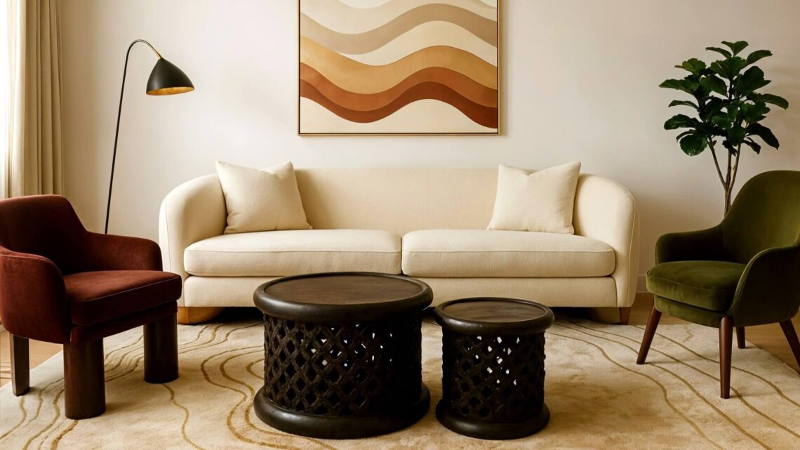 A modern living room scene features a high-end cream sofa, a red velvet armchair and a deep olive-green armchair, flanking a pair of dark, intricately carved Bamileke stools used as coffee tables, all set on a cream-designer rug, with a framed abstract art piece hanged above the sofa.