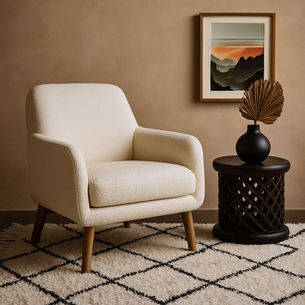 A cream-colored contemporary armchair with wooden legs is pictured next to a dark, intricately carved Bamileke stool. A black vase with a single dried palm leaf sits on the stool. Above the stool hangs a framed landscape print with hues of orange and gray. The scene is set on a cream rug with a black diamond pattern and a neutral, earth-toned wall in the background.