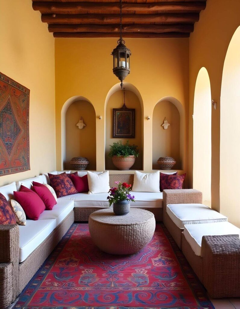 Moroccan interior design with seating area featuring yellow walls, woven furniture, and arched alcoves.