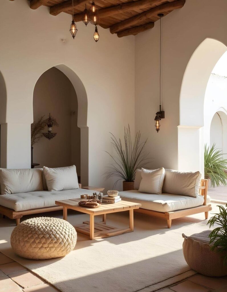 A bright and welcoming Moroccan interior design living room features a warm, neutral palette with traditional architectural details like arched doorways. Two light-colored wooden sofas with plush cushions face each other, flanking a simple wooden coffee table adorned with decorative items. A textured pouf sits on a light rug, enhancing the room's cozy and inviting atmosphere, perfectly encapsulating the essence of Moroccan relaxation.