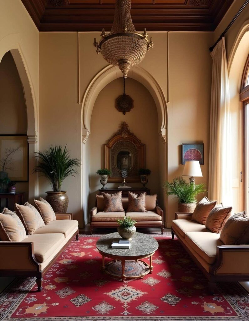 Moroccan interior design: A traditionally-decorated living room has two sofas, a loveseat, red rug, round coffee table, and a crystal chandelier.