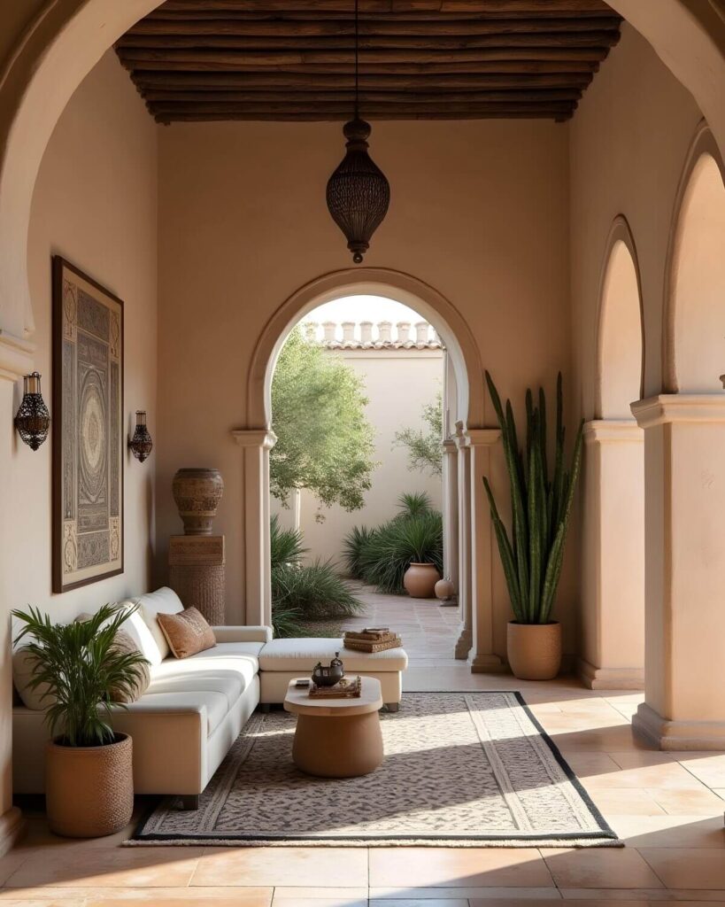 An interior space showcasing Moroccan interior design, featuring a cream-colored sectional sofa, archways leading to an outdoor space, and typical Moroccan decor elements like a hanging lantern and patterned rug.