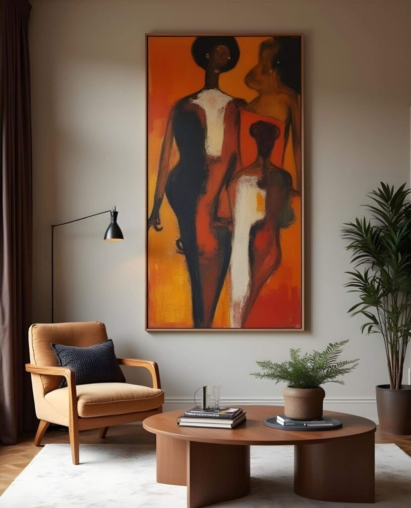 A living room featuring an abstract portrait by one of the famous African painters. The painting, with bold orange and red hues, depicts three figures and is hung above a tan armchair with a throw pillow and a mid-century modern coffee table.