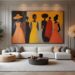 Artwork by famous African painters displayed in a contemporary living room. A large painting featuring figures in colorful dresses hangs above a white sectional sofa, creating a focal point in the elegantly designed space.