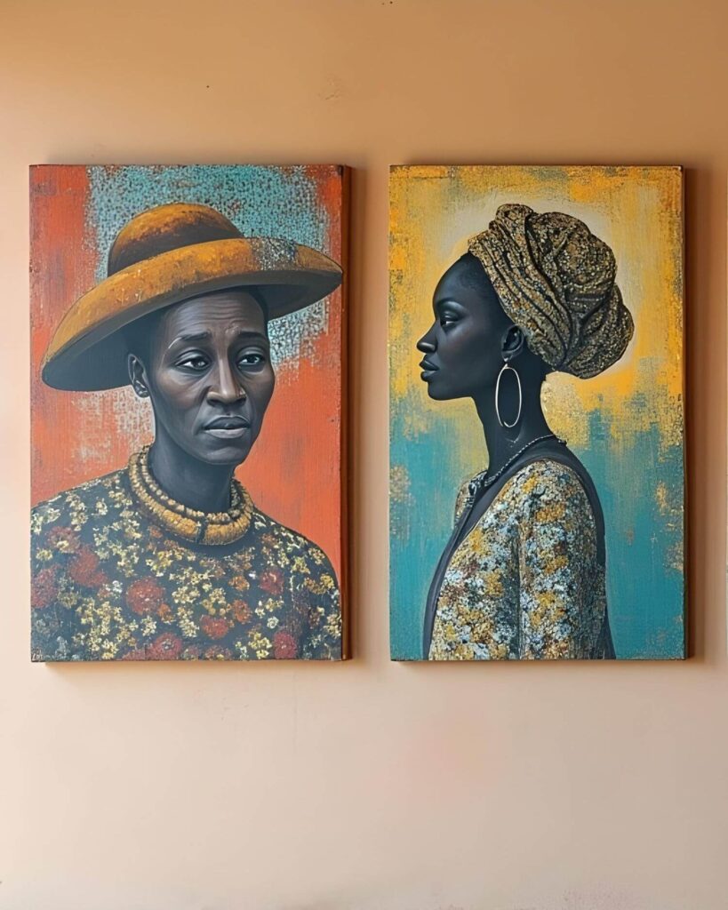 Two portraits from famous African painters adorn a peach-colored wall, each artwork a rectangle with distinct stylistic choices. The left art piece shows a person sporting a wide-brimmed hat and a patterned top in hues of orange, black, and yellow; their gaze is forward, set against a background of textured orange and blue. The right portrait captures an individual in profile, wearing a striking gold-patterned headwrap and large hoop earrings, complemented by a yellow and blue backdrop.